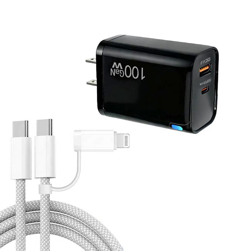 PD47 100W GaN PD Type-C + QC3.0 USB Charger with Type-C to Type-C / 8-Pin Data Cable, US Plug(Black) - Shopkiz.com