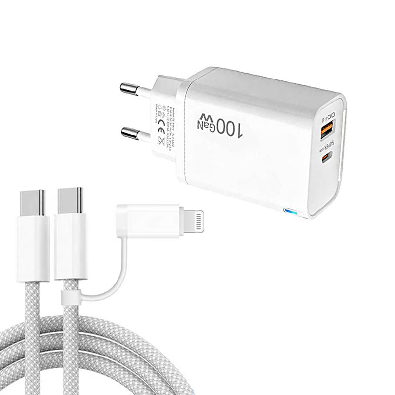 PD47 100W GaN PD Type-C + QC3.0 USB Charger with Type-C to Type-C / 8-Pin Data Cable, EU Plug(White) - Shopkiz.com