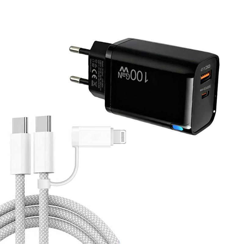 PD47 100W GaN PD Type-C + QC3.0 USB Charger with Type-C to Type-C / 8-Pin Data Cable, EU Plug(Black) - Shopkiz.com