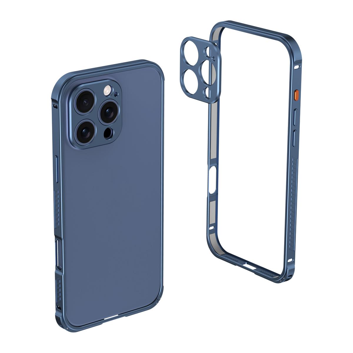 For iPhone 14 Pro Max Armor Dual-side Anti-slip Metal Frame Case with Lens Cover(Blue)