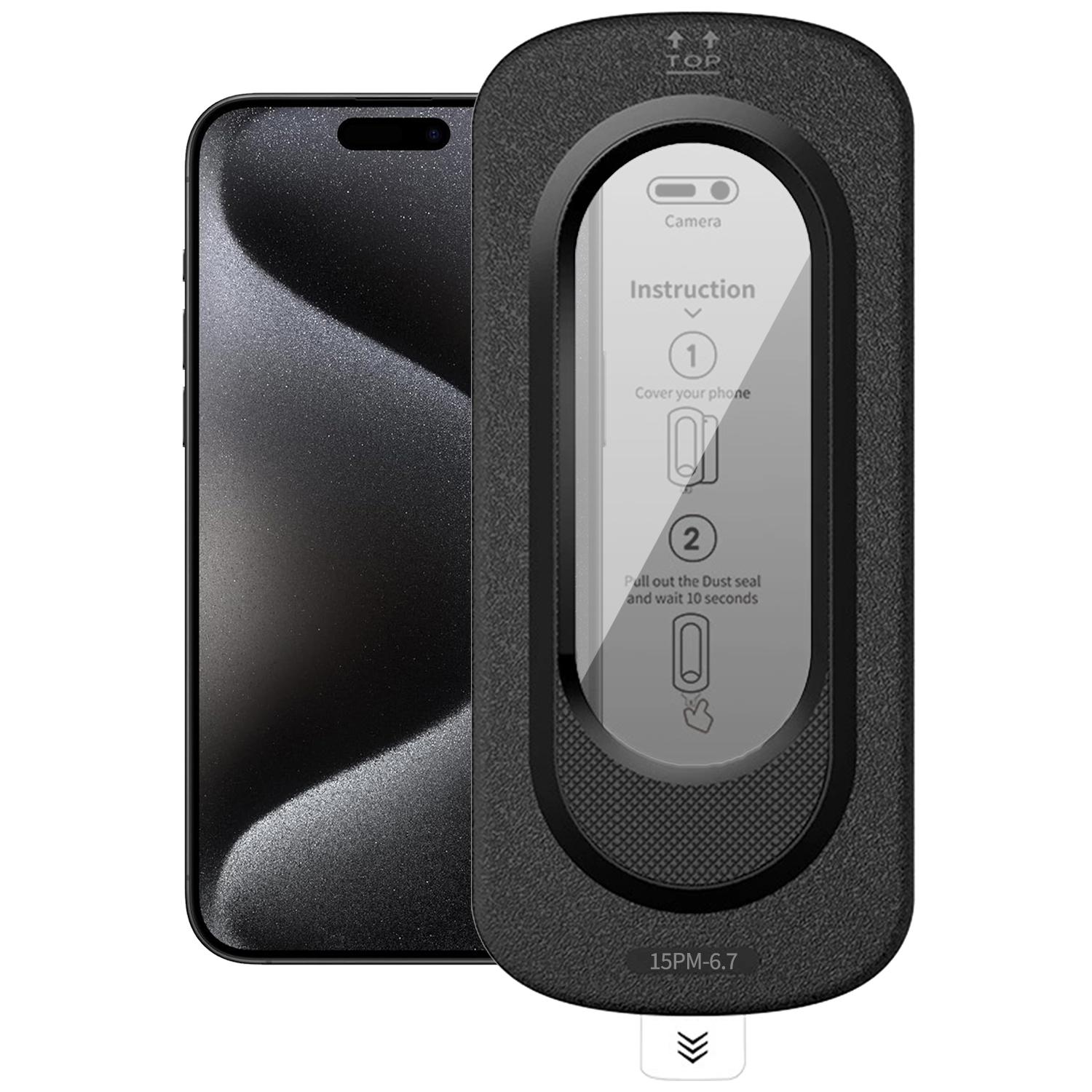 For iPhone 15 Pro Max Smooth Anti-Fingerprint Easy Install Dust-Free Box Privacy Tempered Glass Film - Shopkiz.com