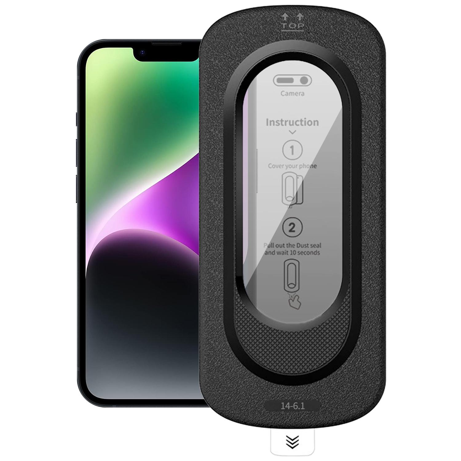 For iPhone 14 Smooth Anti-Fingerprint Easy Install Dust-Free Box Privacy Tempered Glass Film - Shopkiz.com