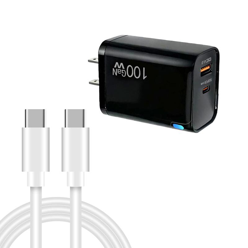 PD47 GaN 100W PD Type-C + QC3.0 USB Charger with Type-C to Type-C Data Cable, US Plug(Black) - Shopkiz.com