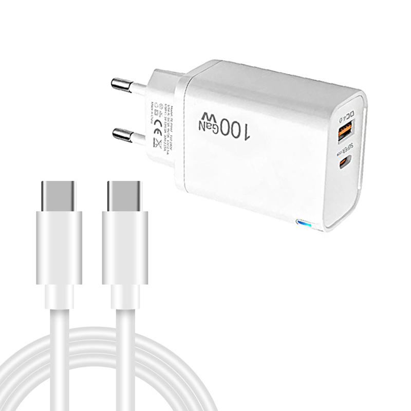 PD47 GaN 100W PD Type-C + QC3.0 USB Charger with Type-C to Type-C Data Cable, EU Plug(White) - Shopkiz.com