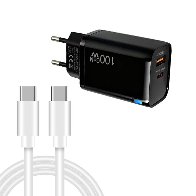 PD47 GaN 100W PD Type-C + QC3.0 USB Charger with Type-C to Type-C Data Cable, EU Plug(Black) - Shopkiz.com