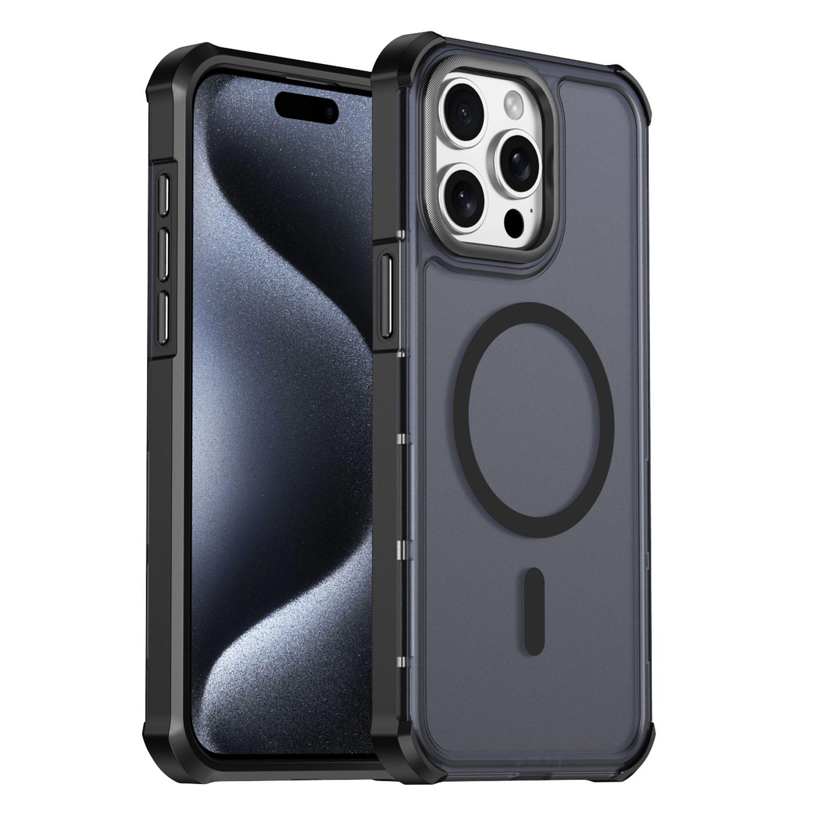 For iPhone 15 Pro Skin Feel Semi-transparent Frosted Magnetic Four-Corner Shockproof Phone Case(Black) - Shopkiz.com