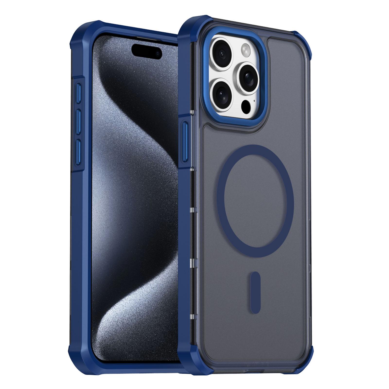 For iPhone 15 Pro Skin Feel Semi-transparent Frosted Magnetic Four-Corner Shockproof Phone Case(Blue) - Shopkiz.com