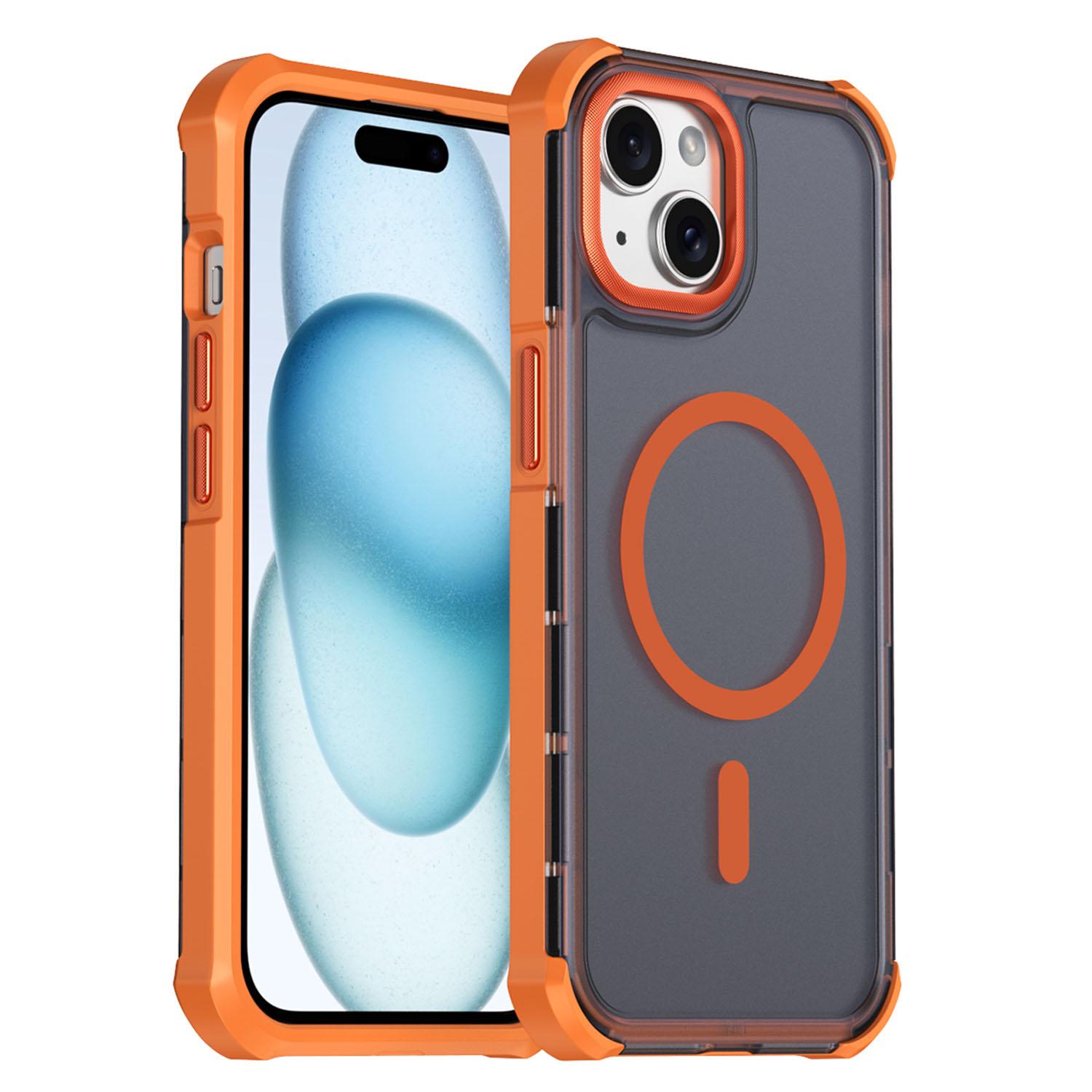 For iPhone 15 Skin Feel Semi-transparent Frosted Magnetic Four-Corner Shockproof Phone Case(Orange) - Shopkiz.com