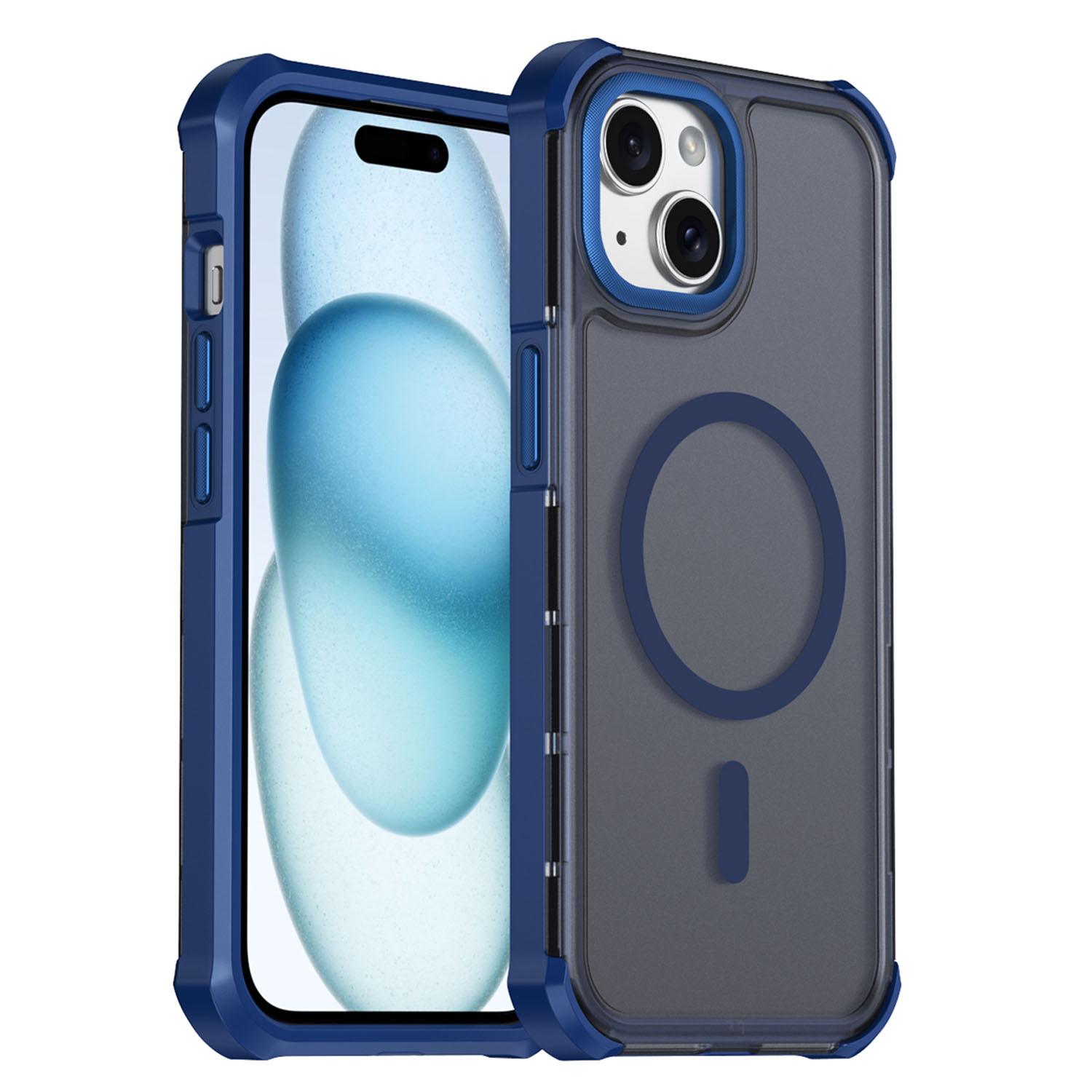 For iPhone 15 Skin Feel Semi-transparent Frosted Magnetic Four-Corner Shockproof Phone Case(Blue) - Shopkiz.com