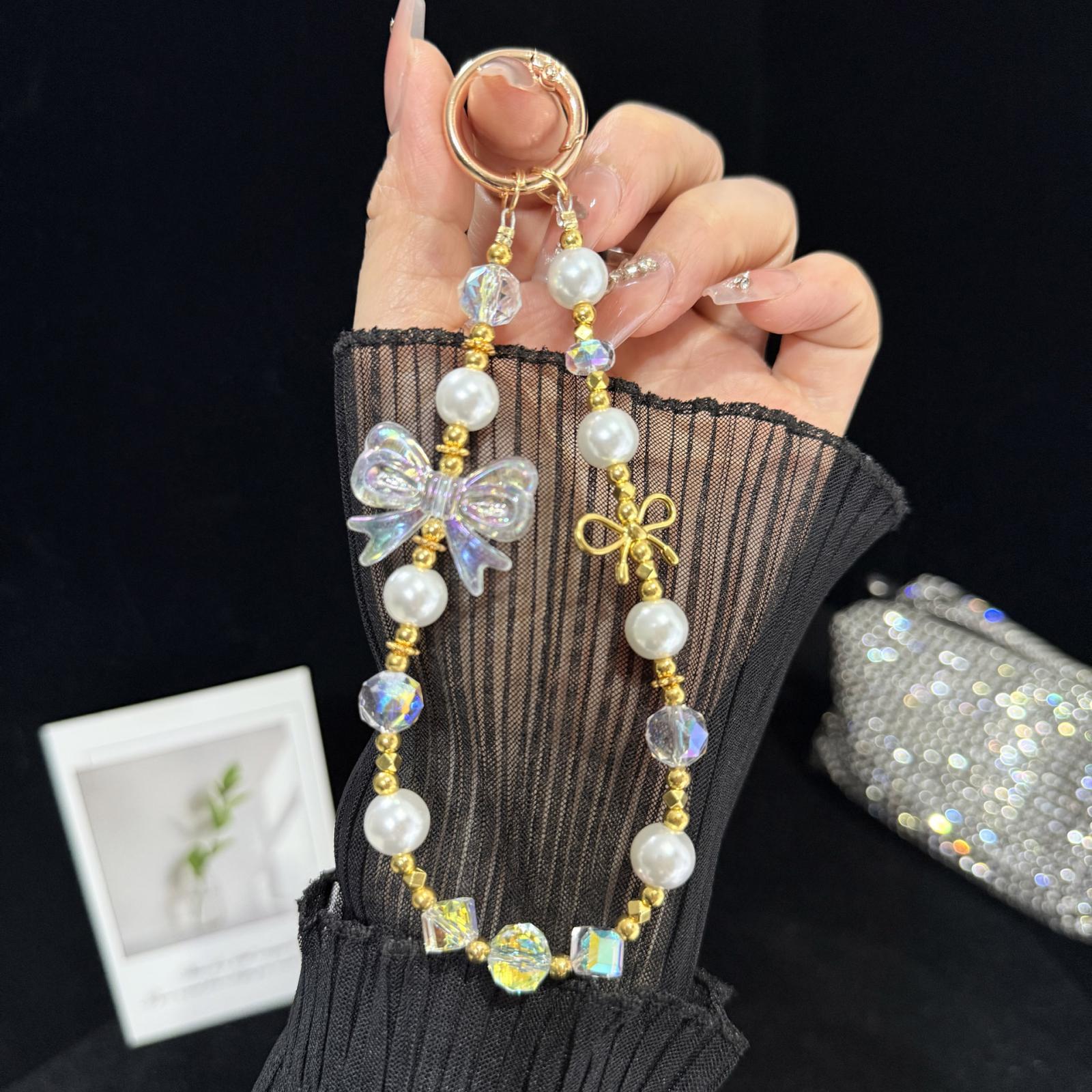 Pearl Crystal Bow Phone Chain(Golden) - Shopkiz.com