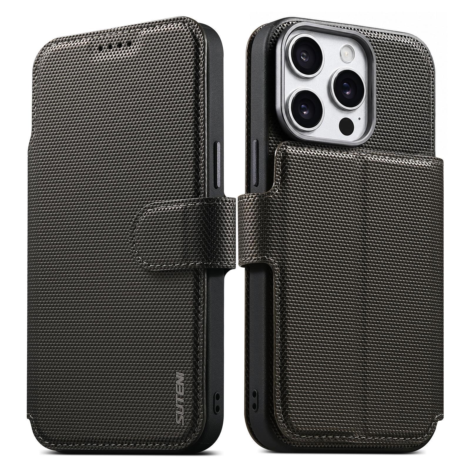 For iPhone 14 Pro Max Suteni Q09 Magnetic Detachable Wallet 2 in 1 Triangle Texture Vegan Leather Phone Case(Grey)