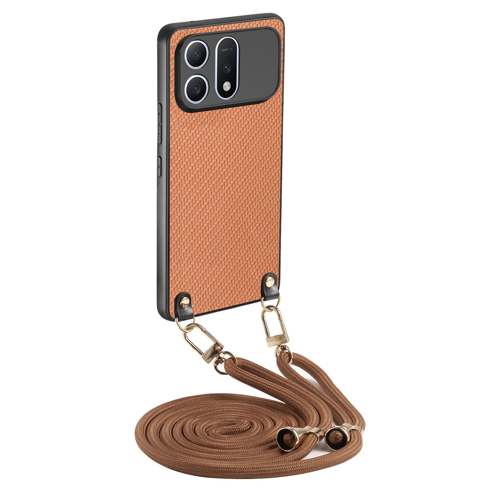 For Honor Win Turbo 5G Carbon Fiber Texture Leather Back Cover Phone Case with Crossbody Strap(Brown) - Shopkiz.com
