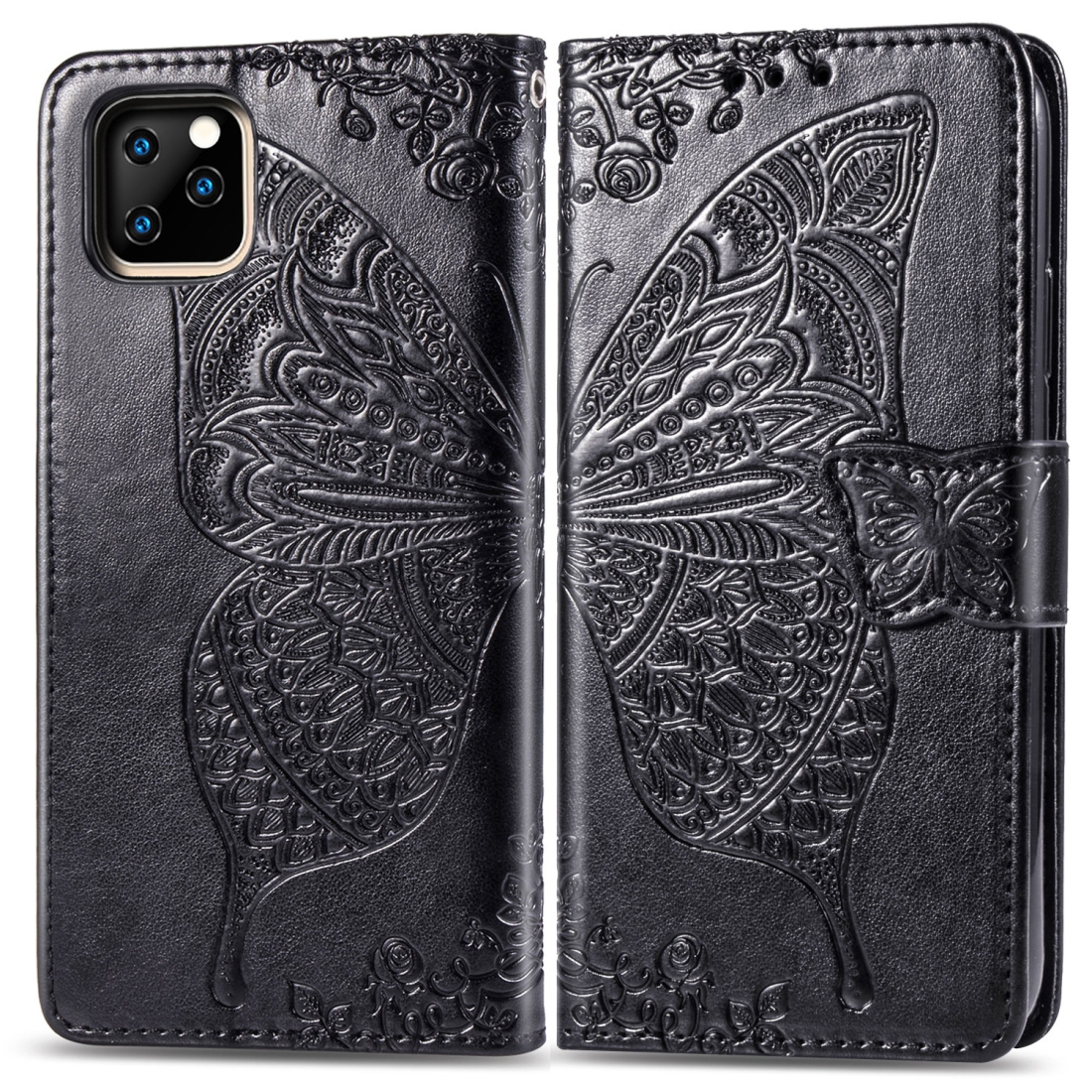For iPhone 11 Pro Butterfly Love Flowers Embossing Horizontal Flip Leather Case with Holder & Card Slots & Wallet & Lanyard(Black) - Shopkiz.com
