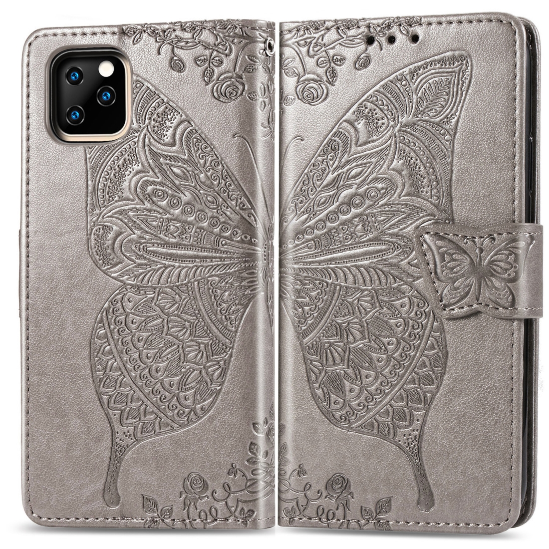 For iPhone 11 Butterfly Love Flowers Embossing Horizontal Flip Leather Case , with Holder & Card Slots & Wallet & Lanyard(Gray) - Shopkiz.com
