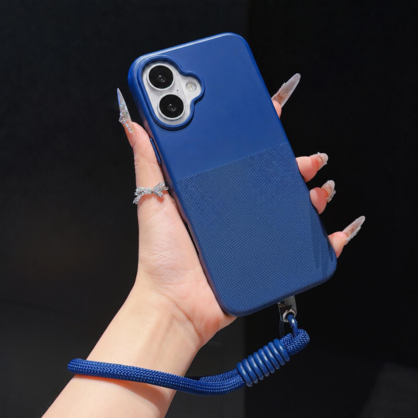 For iPhone 16 Plus Imitation Dot-texture TPU Phone Case with Strap(Blue) - Shopkiz.com