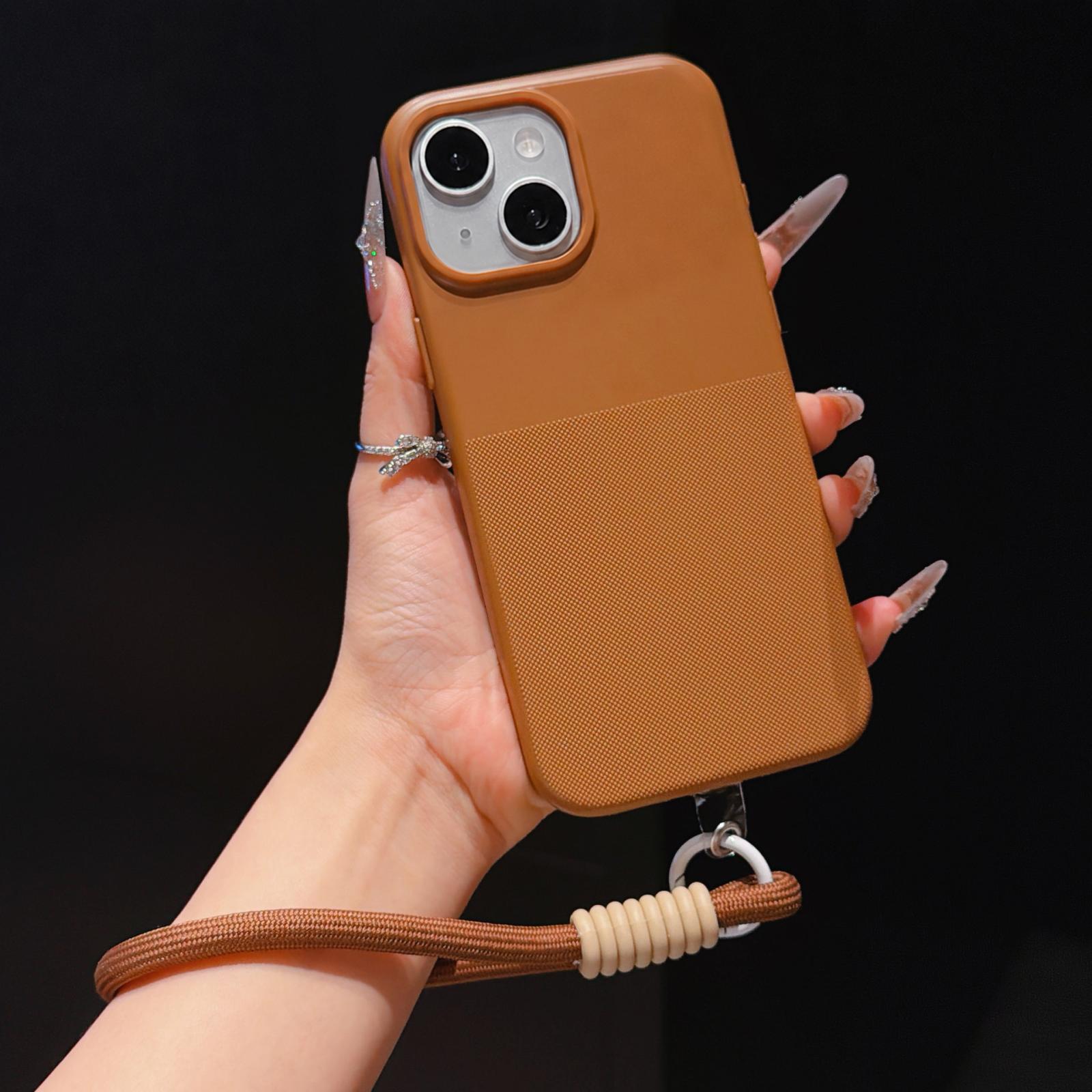 For iPhone 15 Plus Imitation Dot-texture TPU Phone Case with Strap(Brown) - Shopkiz.com