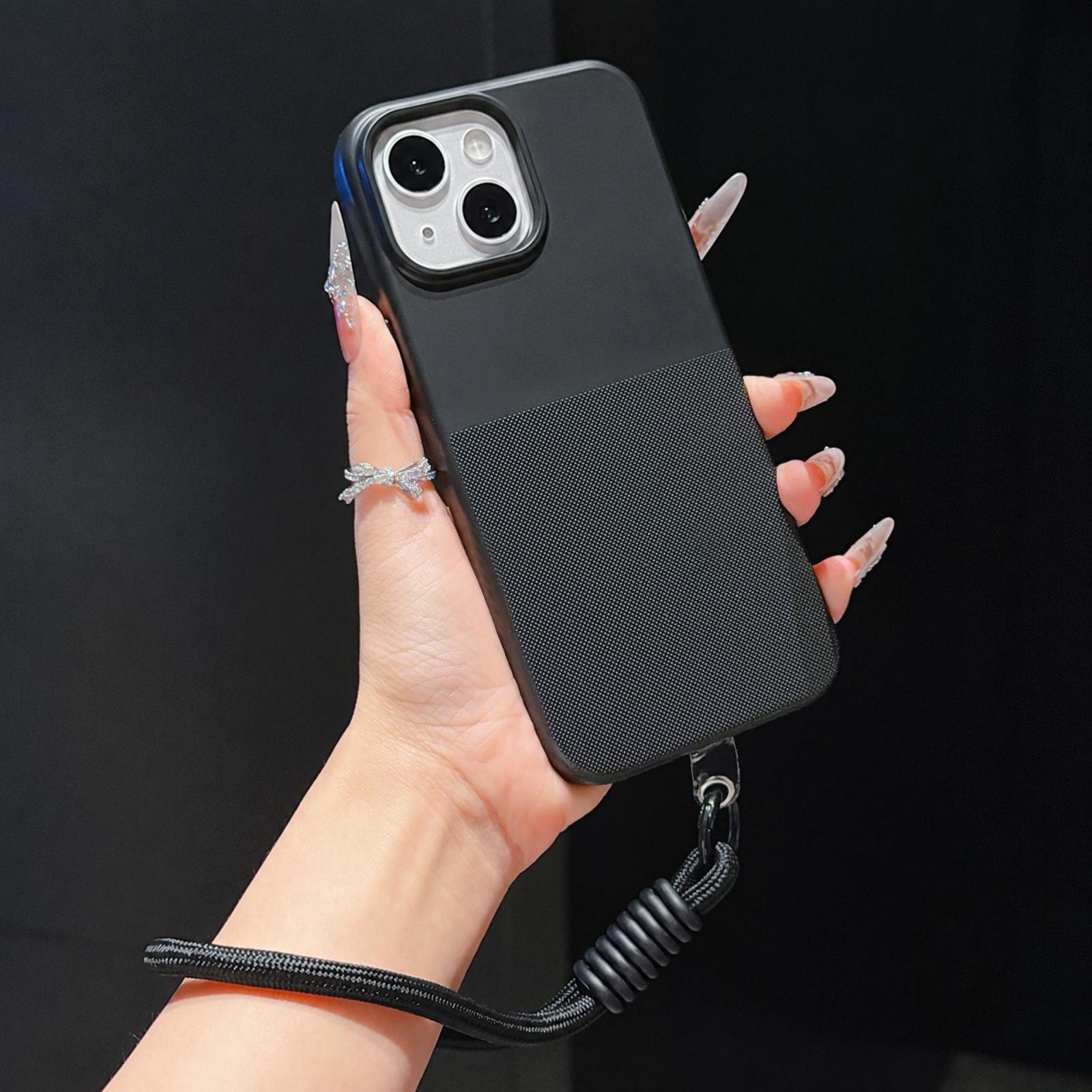 For iPhone 15 Imitation Dot-texture TPU Phone Case with Strap(Black) - Shopkiz.com