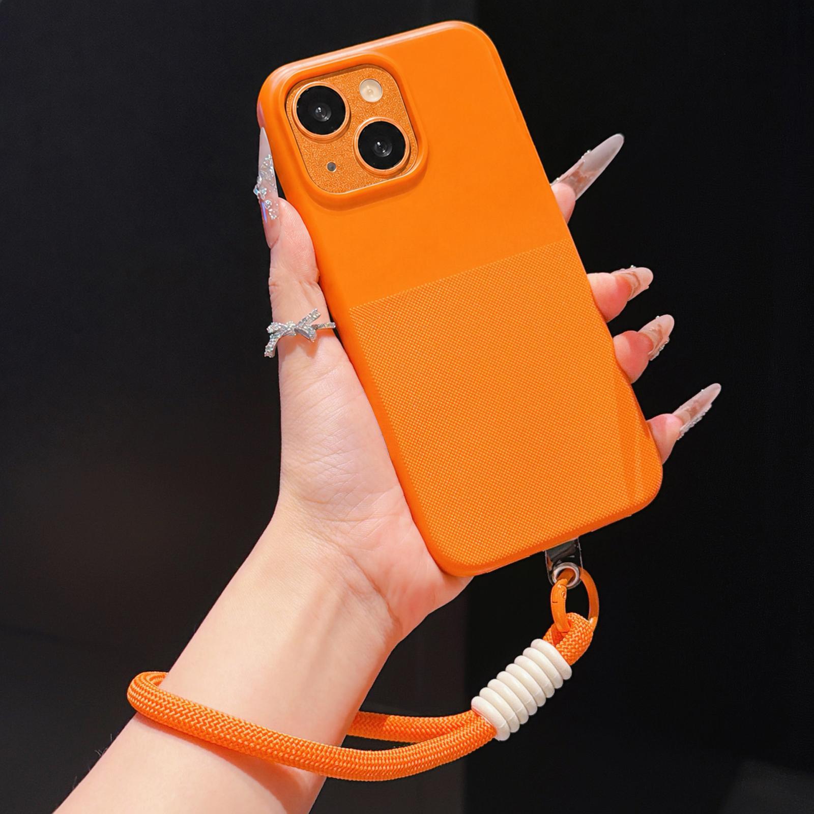 For iPhone 14 Plus Imitation Dot-texture TPU Phone Case with Strap(Orange) - Shopkiz.com