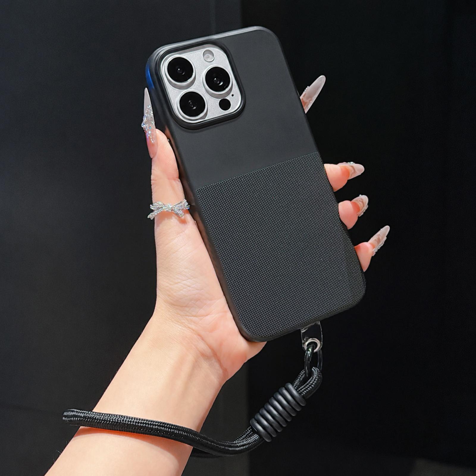 For iPhone 14 Pro Max Imitation Dot-texture TPU Phone Case with Strap(Black) - Shopkiz.com
