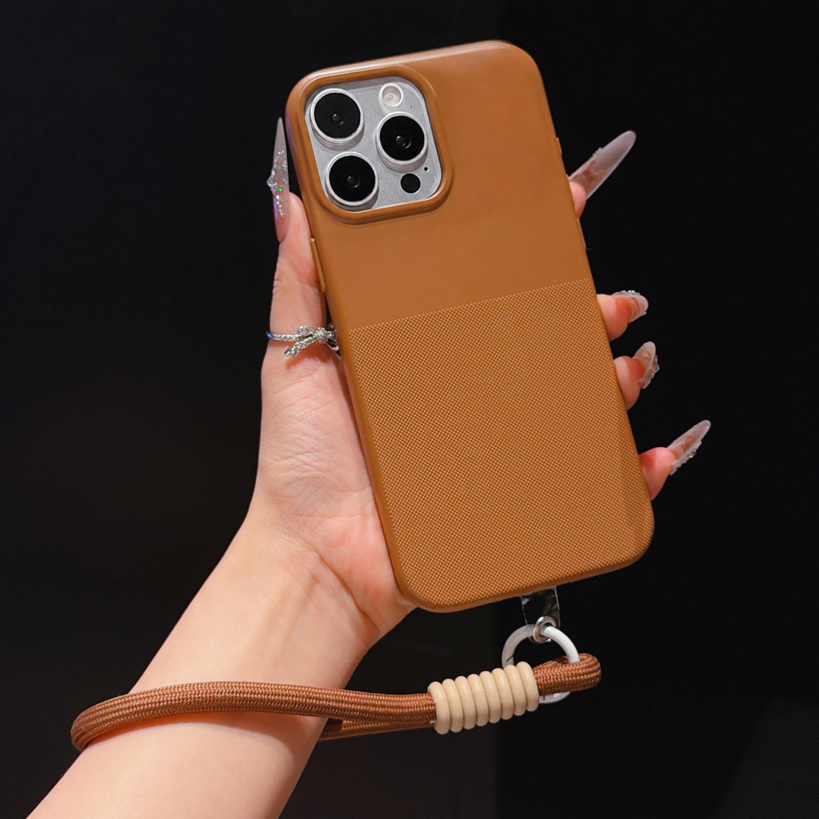 For iPhone 12 Pro Max Imitation Dot-texture TPU Phone Case with Strap(Brown) - Shopkiz.com