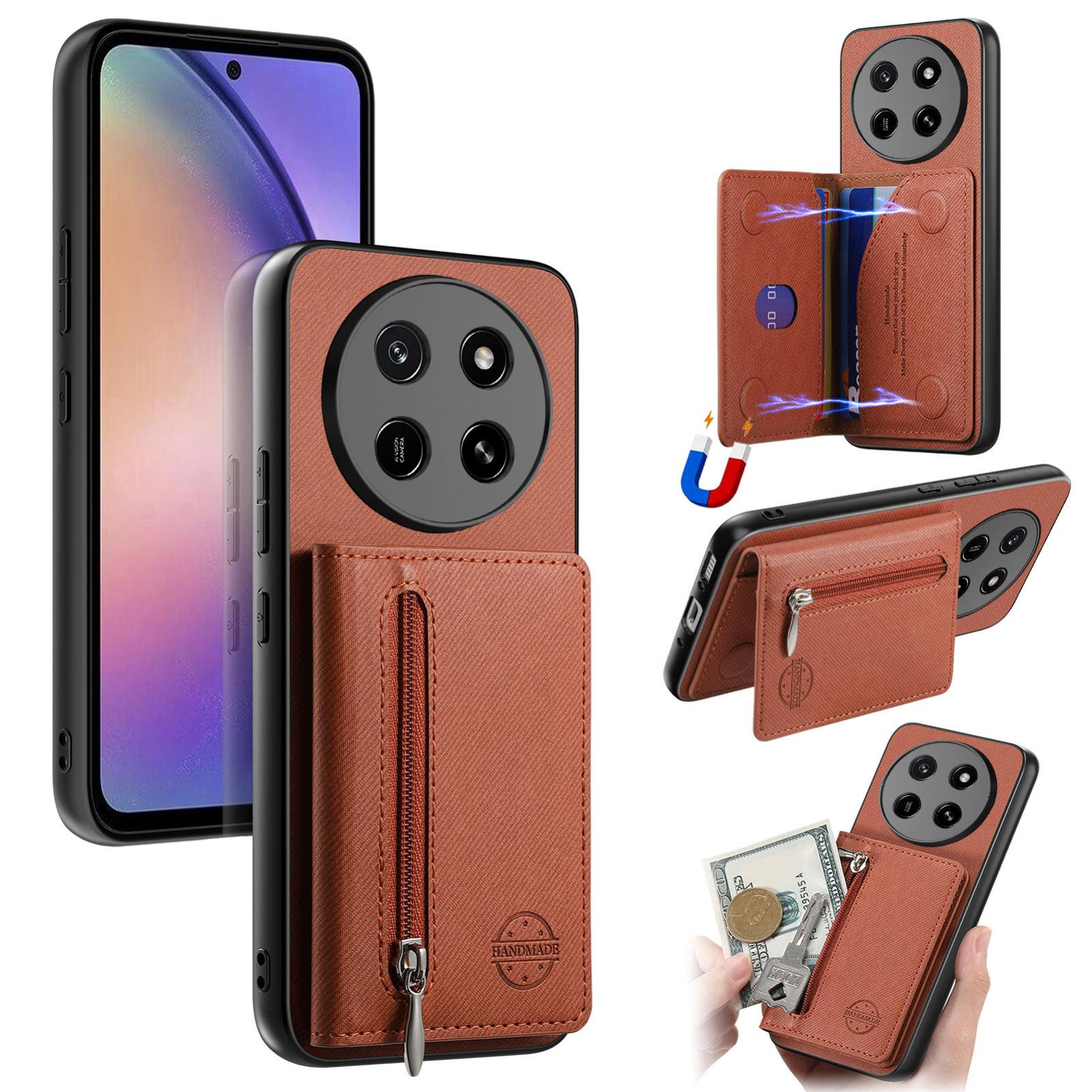 For Honor X80 Pro Max 5G Twill Fabric Magnetic Zipper Card Bag Vegan Leather Phone Case(Brown) - Shopkiz.com