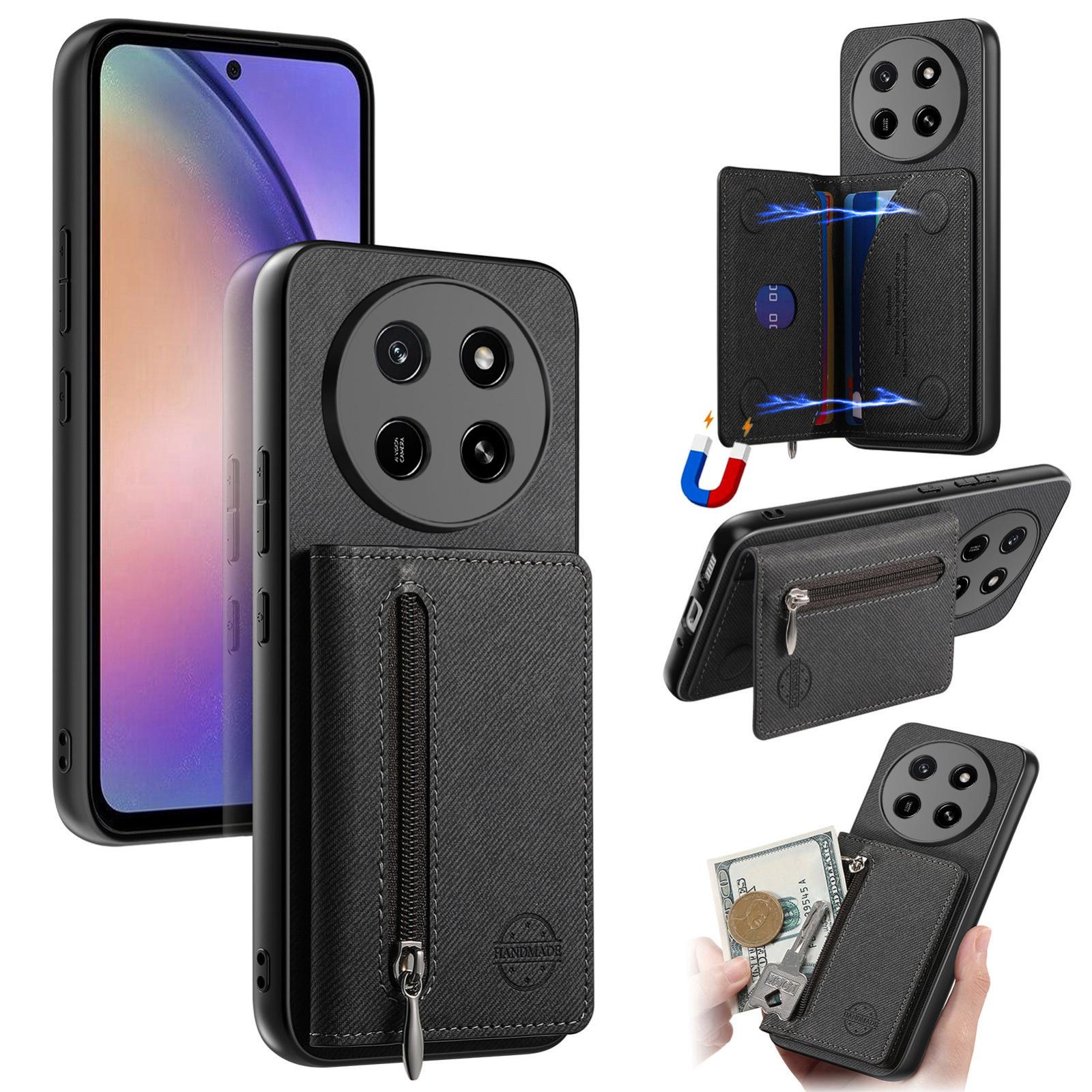 For Honor X80 Pro Max 5G Twill Fabric Magnetic Zipper Card Bag Vegan Leather Phone Case(Black) - Shopkiz.com