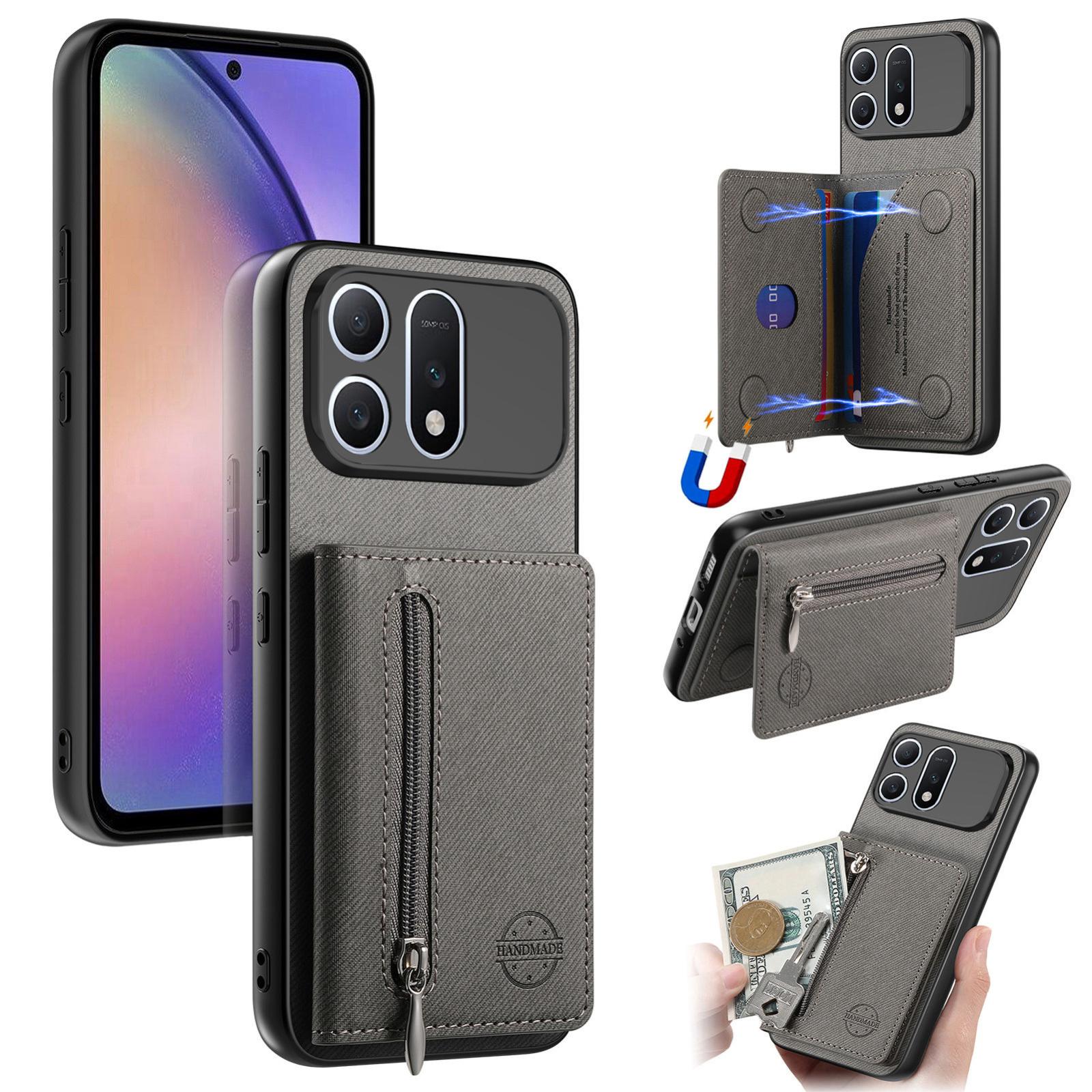 For Honor Win Turbo 5G Twill Fabric Magnetic Zipper Card Bag Vegan Leather Phone Case(Gray) - Shopkiz.com