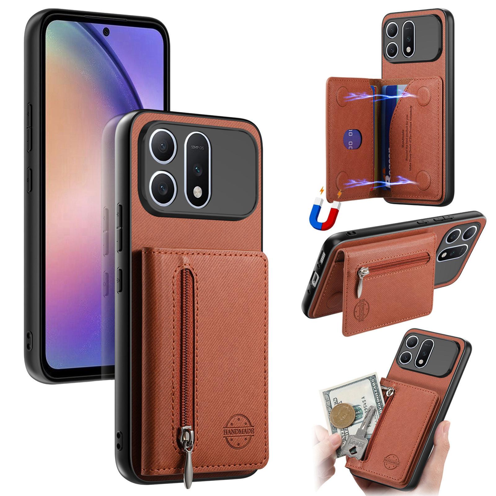 For Honor Win Turbo 5G Twill Fabric Magnetic Zipper Card Bag Vegan Leather Phone Case(Brown) - Shopkiz.com
