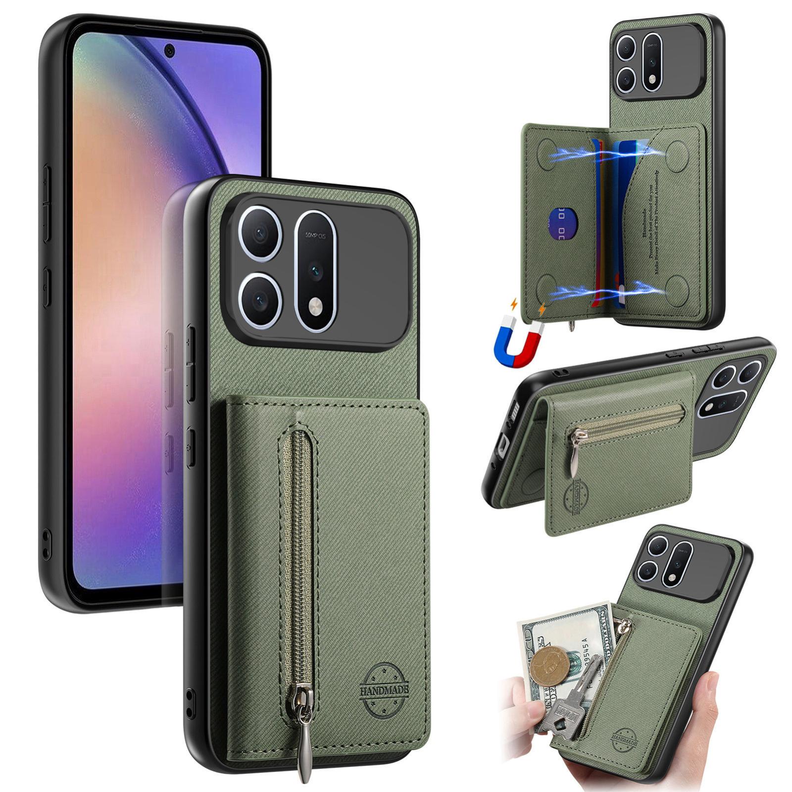 For Honor Win Turbo 5G Twill Fabric Magnetic Zipper Card Bag Vegan Leather Phone Case(Green) - Shopkiz.com