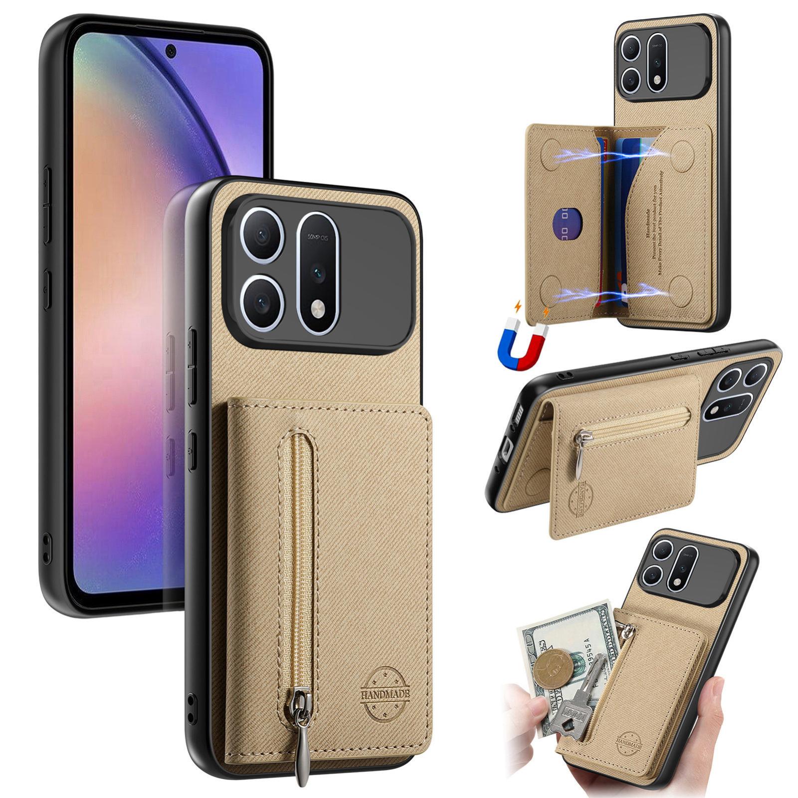 For Honor Win Turbo 5G Twill Fabric Magnetic Zipper Card Bag Vegan Leather Phone Case(Khaki) - Shopkiz.com