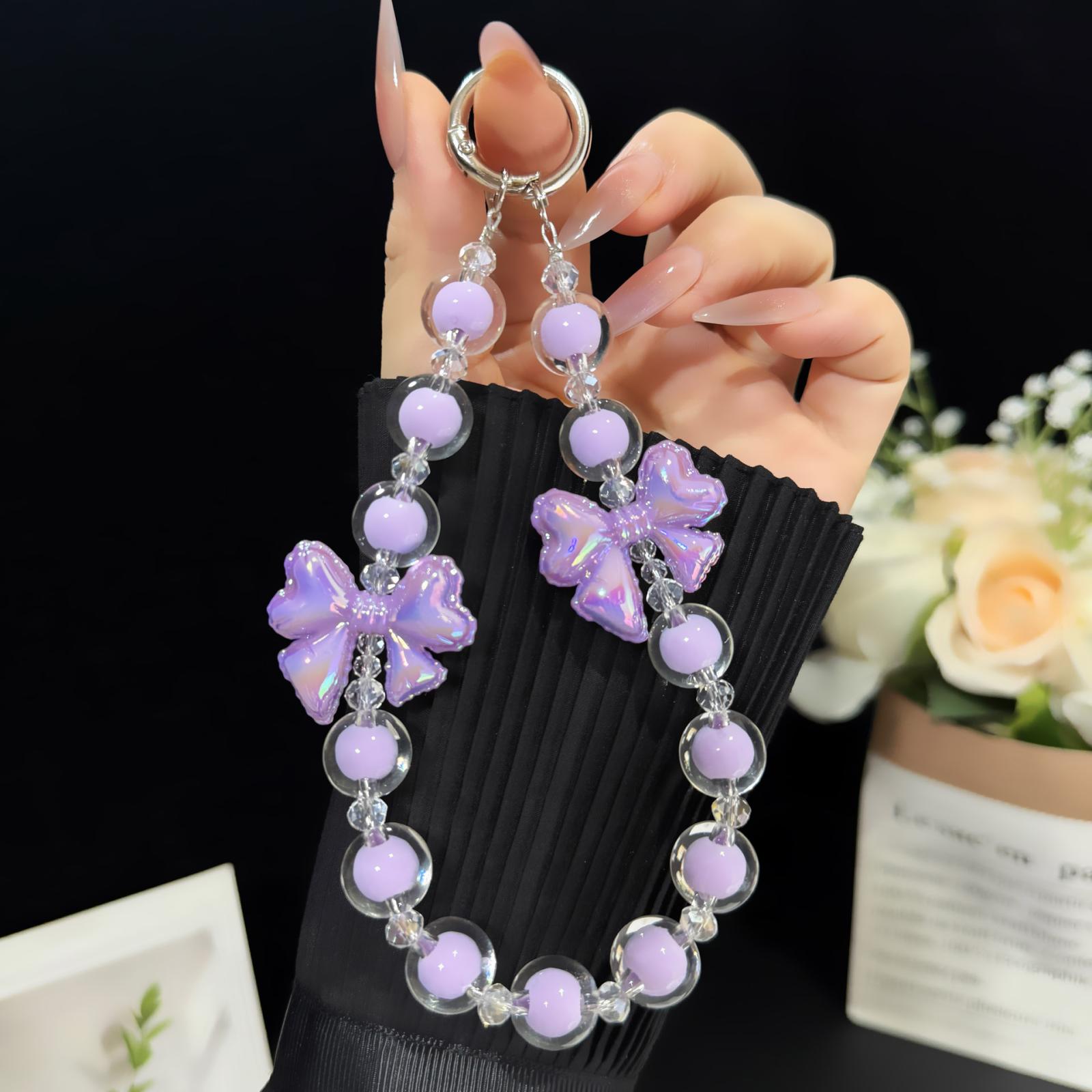 Jelly Bow Sandwich Round Bead Crystal Phone Chain(Purple) - Shopkiz.com