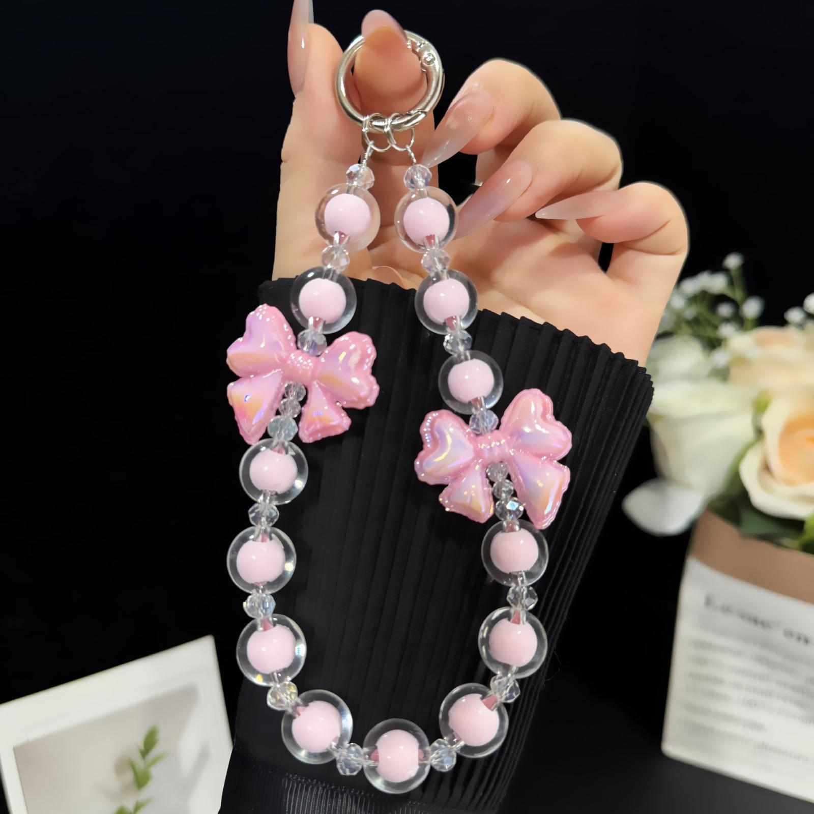 Jelly Bow Sandwich Round Bead Crystal Phone Chain(Pink) - Shopkiz.com