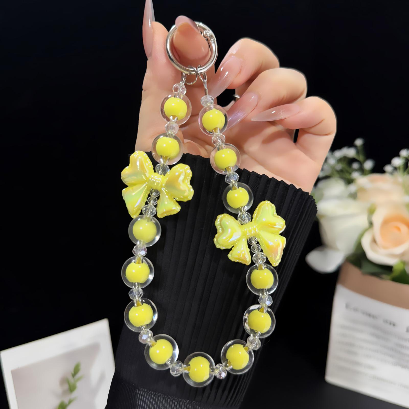 Jelly Bow Sandwich Round Bead Crystal Phone Chain(Yellow) - Shopkiz.com