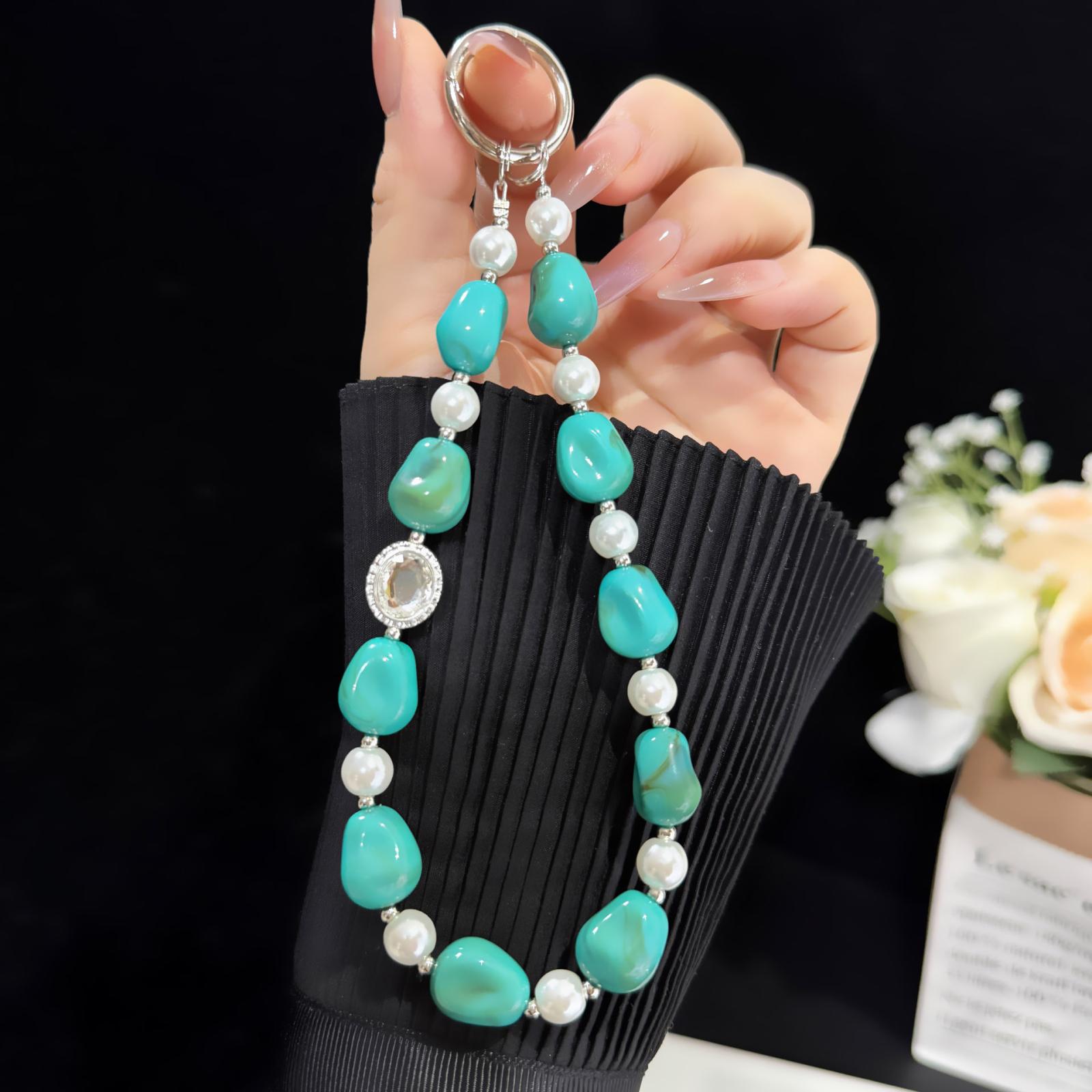 Vintage Free-form Jade Rhinestone Pearl Phone Chain(Green) - Shopkiz.com