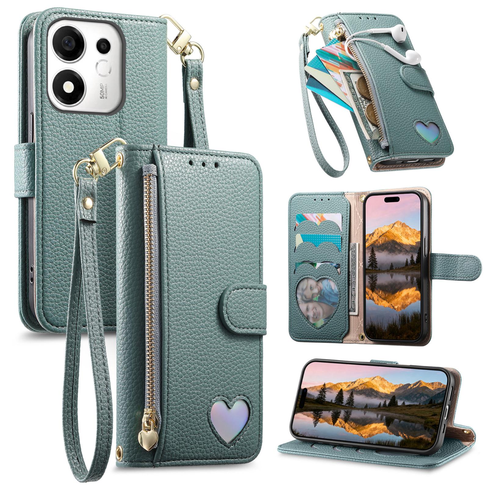 For Honor 600 Smart 5G Fantasy Love Heart Zipper Wallet Vegan Leather Phone Case with Strap(Green) - Shopkiz.com