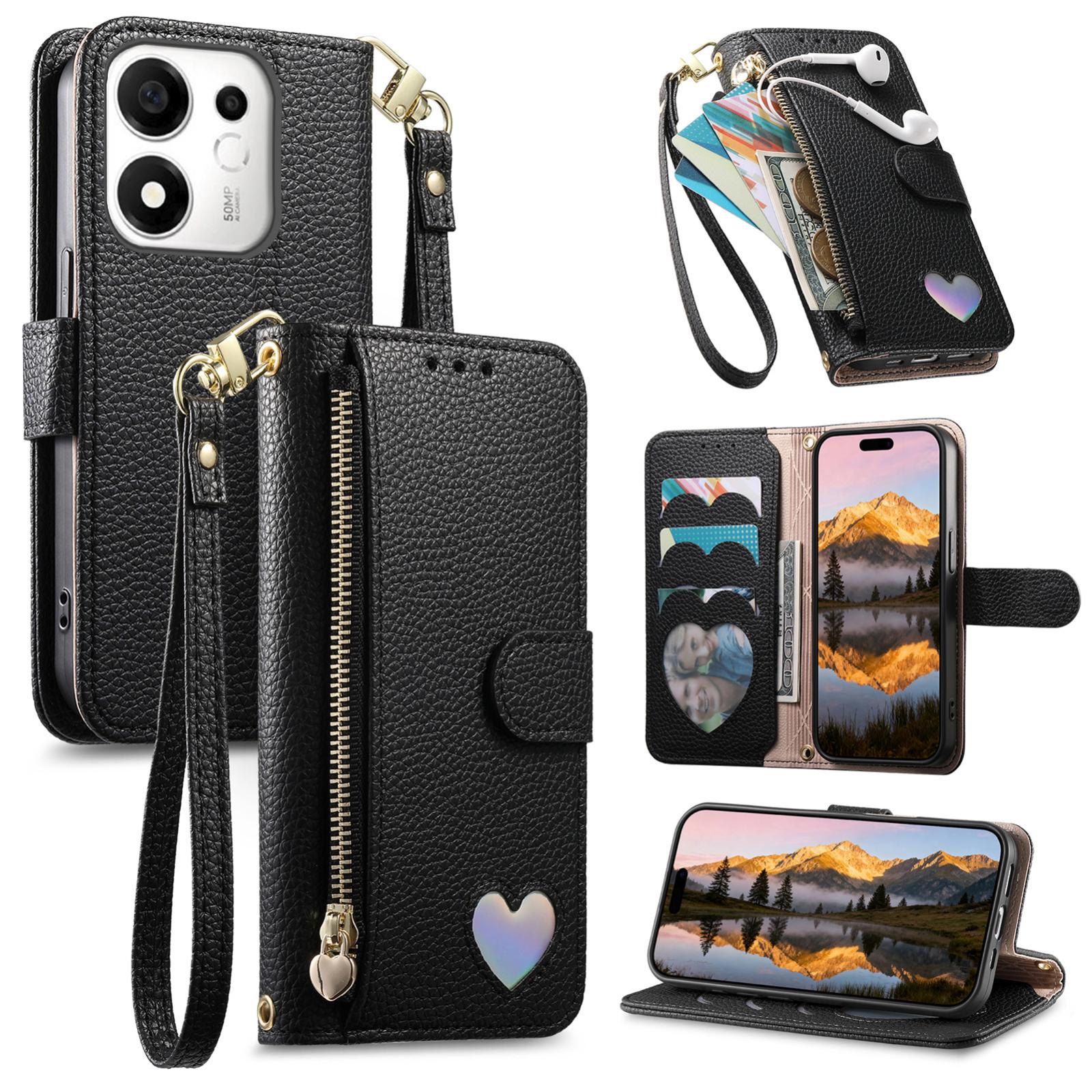 For Honor 600 Smart 5G Fantasy Love Heart Zipper Wallet Vegan Leather Phone Case with Strap(Black) - Shopkiz.com