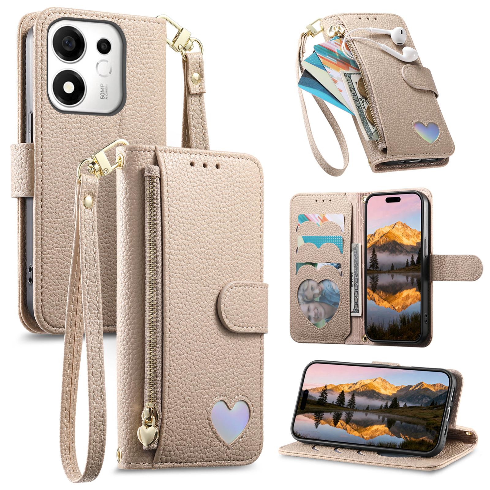 For Honor 600 Smart 5G Fantasy Love Heart Zipper Wallet Vegan Leather Phone Case with Strap(Beige) - Shopkiz.com