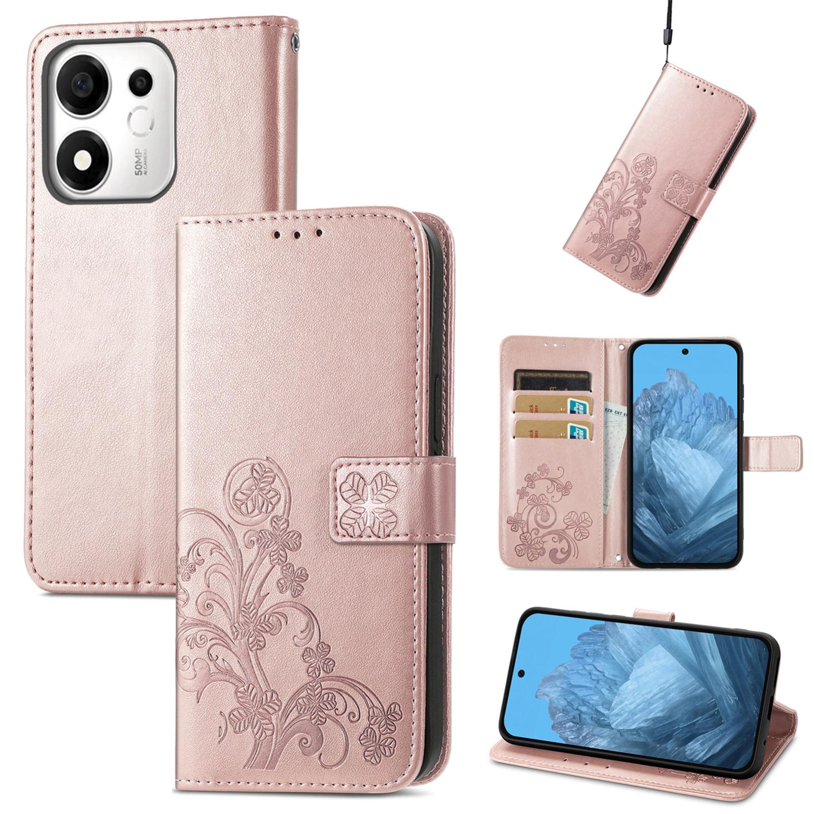 For Honor 600 Smart 5G Four-leaf Clasp Embossed Buckle Leather Phone Case(Rose Gold) - Shopkiz.com