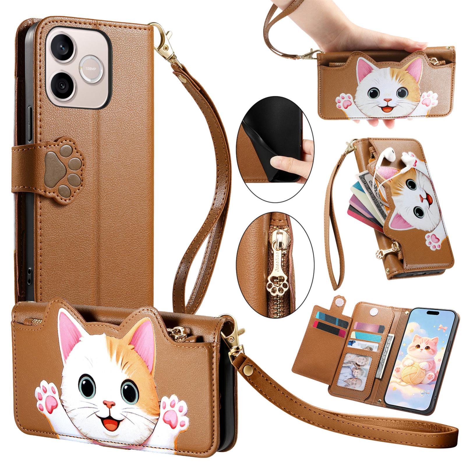 For Honor 600 Lite Global Cat-shaped Zipper Wallet Vegan Leather Phone Case with Strap(Brown) - Shopkiz.com