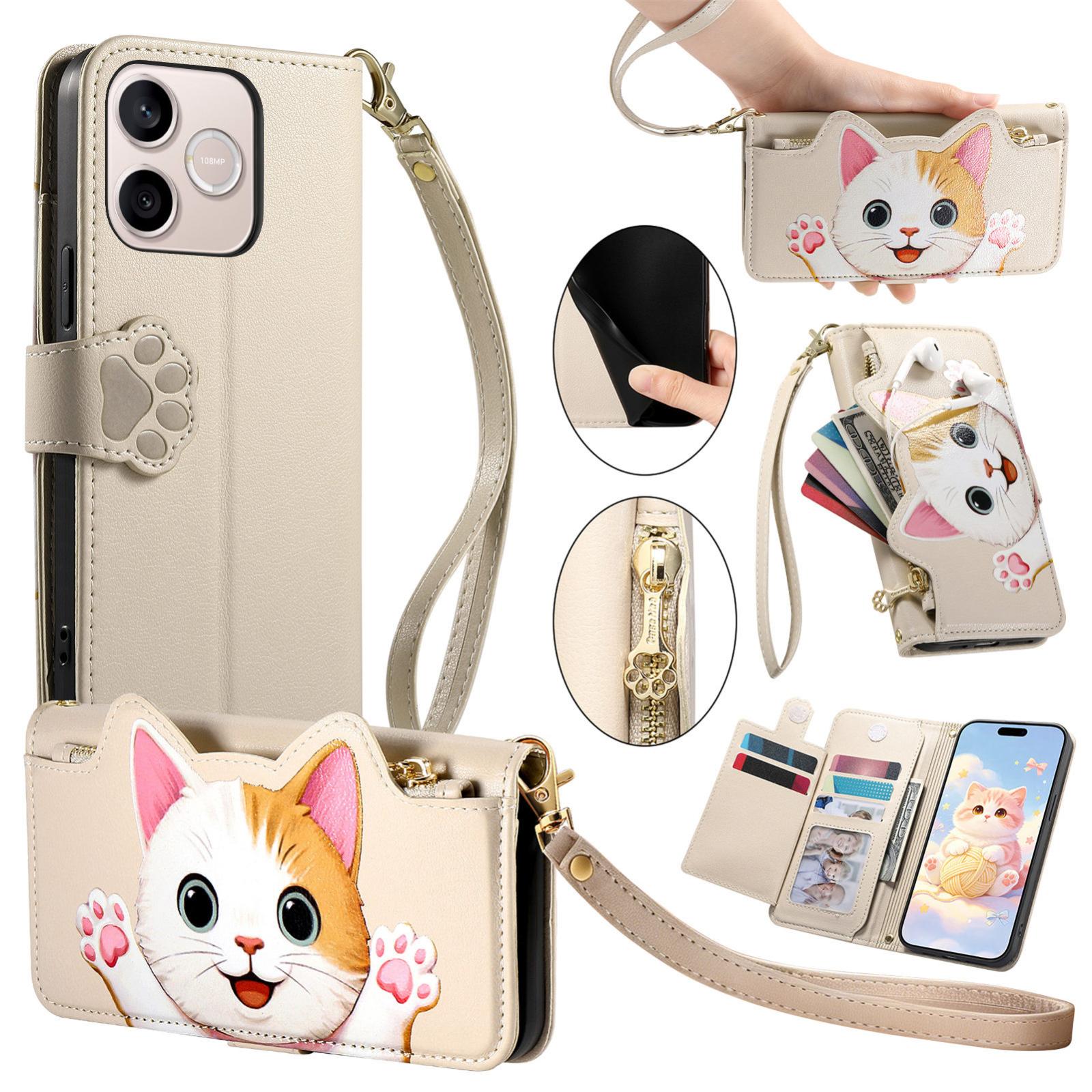 For Honor 600 Lite Global Cat-shaped Zipper Wallet Vegan Leather Phone Case with Strap(Beige) - Shopkiz.com
