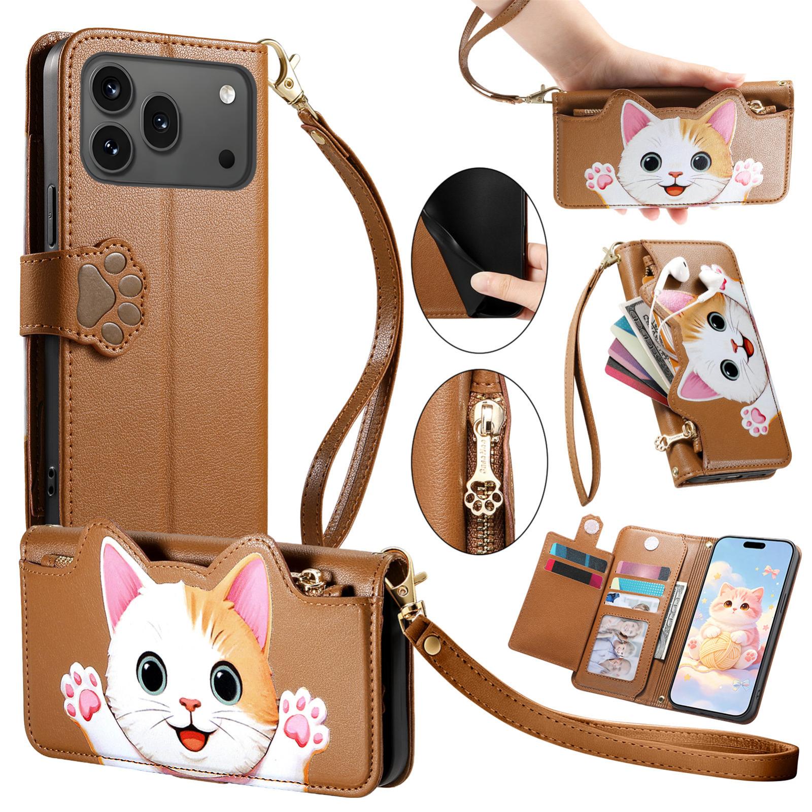 For Honor 600 / 600 Pro Global Cat-shaped Zipper Wallet Vegan Leather Phone Case with Strap(Brown) - Shopkiz.com