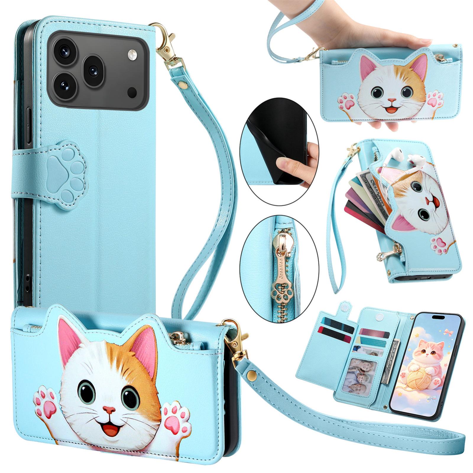 For Honor 600 / 600 Pro Global Cat-shaped Zipper Wallet Vegan Leather Phone Case with Strap(Blue) - Shopkiz.com