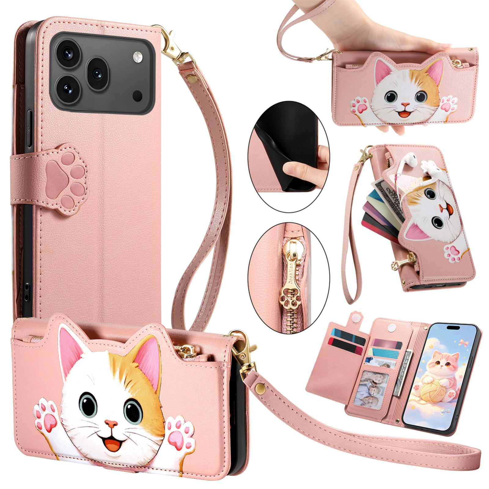 For Honor 600 / 600 Pro Global Cat-shaped Zipper Wallet Vegan Leather Phone Case with Strap(Pink) - Shopkiz.com