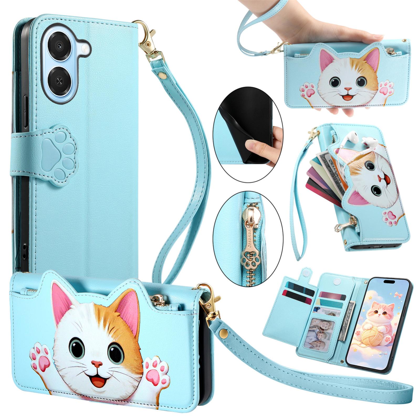 For Honor Play 80 Plus 5G Cat-shaped Zipper Wallet Vegan Leather Phone Case with Strap(Blue) - Shopkiz.com