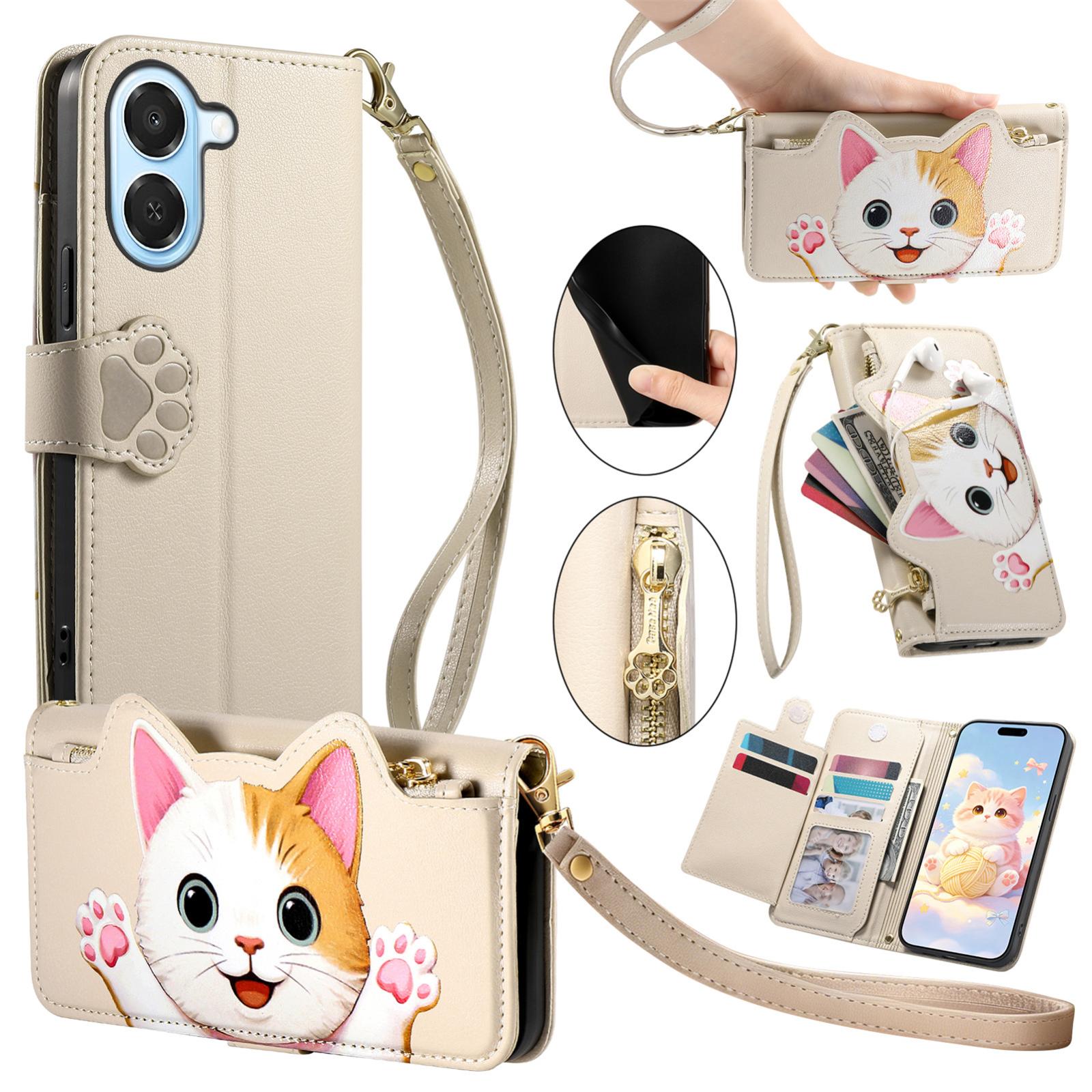 For Honor Play 80 Plus 5G Cat-shaped Zipper Wallet Vegan Leather Phone Case with Strap(Beige) - Shopkiz.com