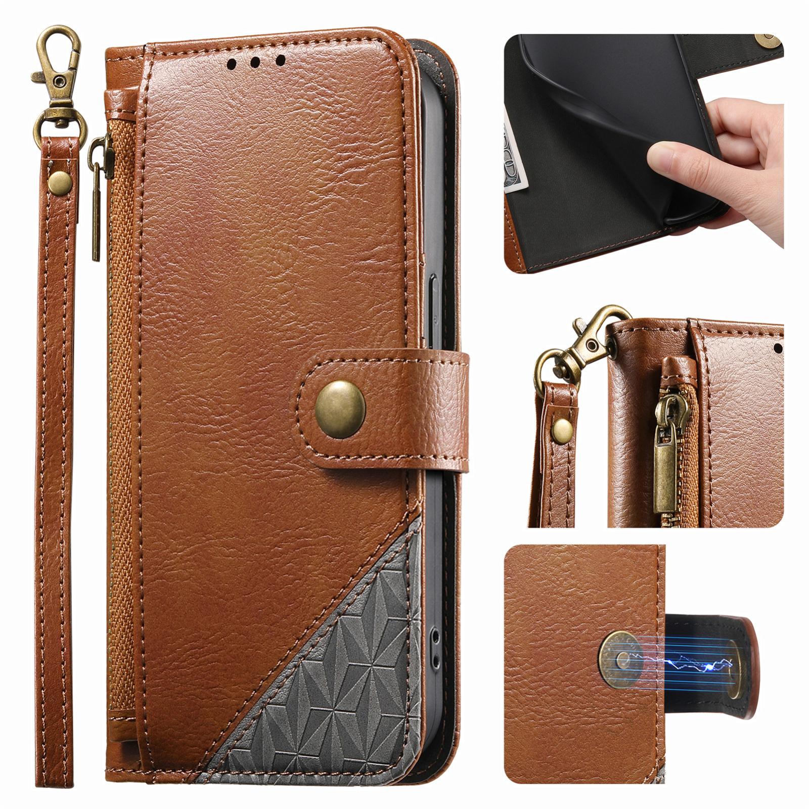 For Honor 600 Smart 5G Splicing Zipper Wallet Vegan Leather Phone Case with Strap(Brown) - Shopkiz.com