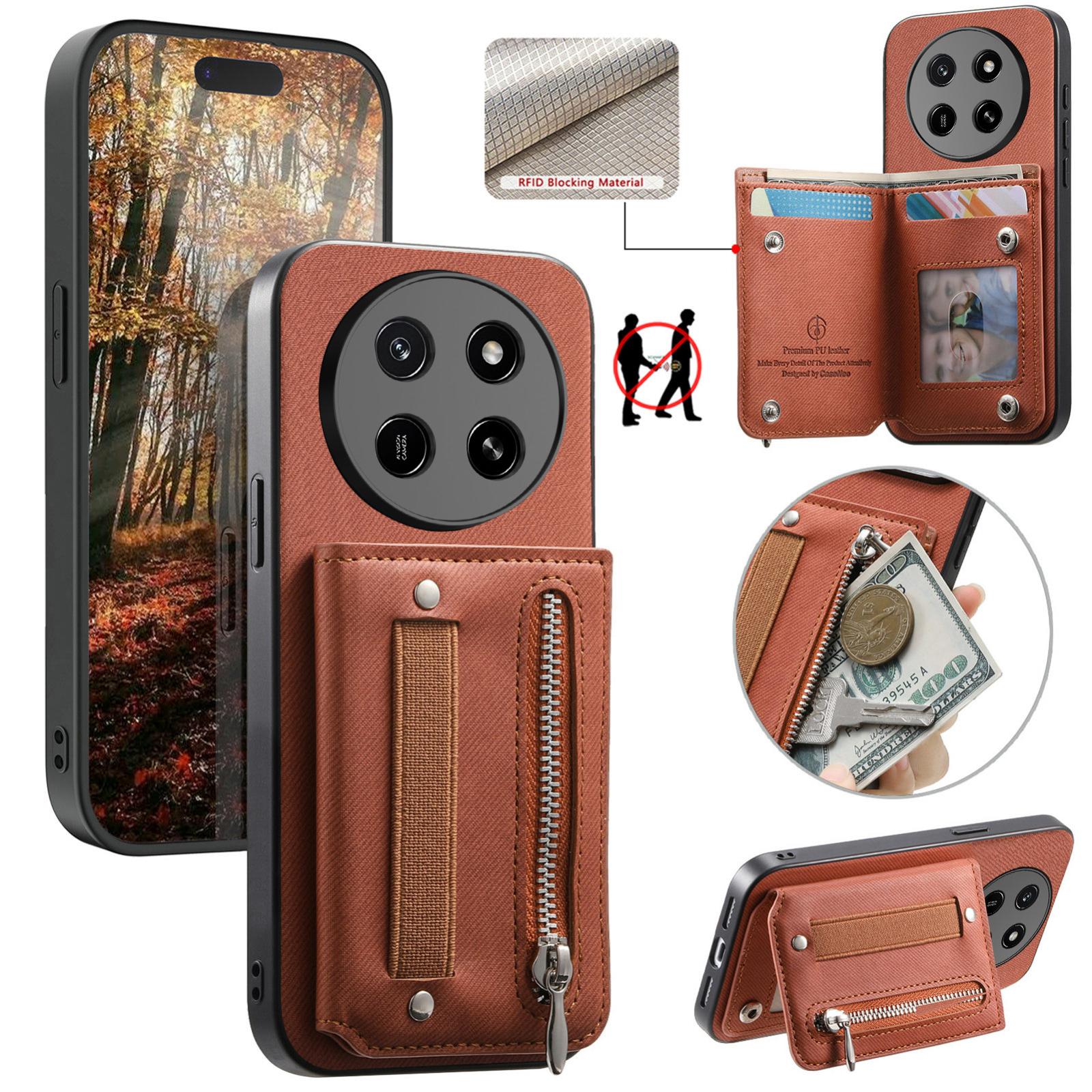 For Honor X80 Pro Max 5G Twill Fabric Vegan Leather Wristband Horizontal Flip Zipper Wallet Phone Case(Brown) - Shopkiz.com