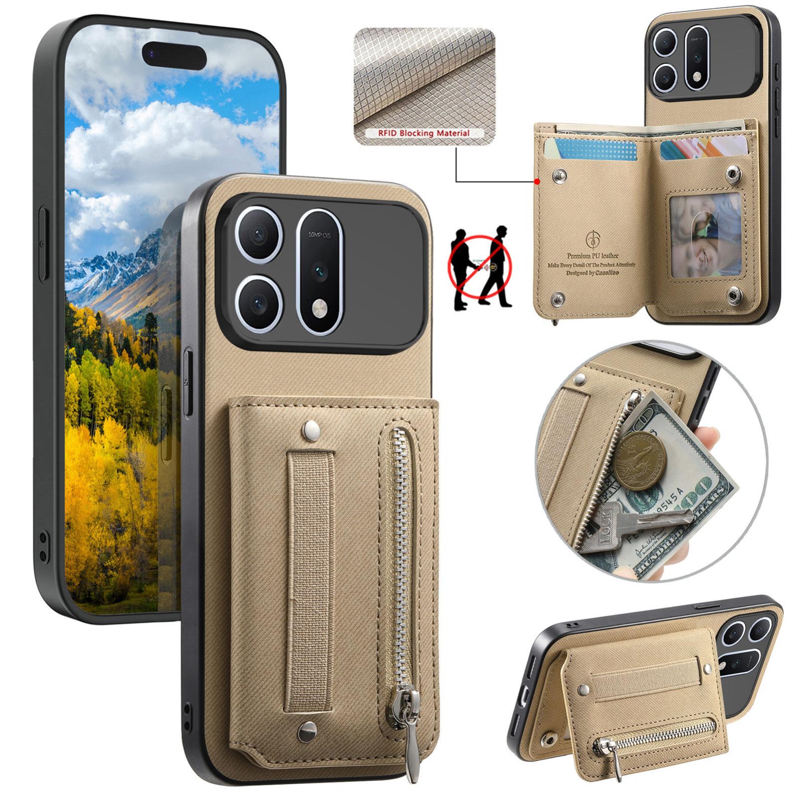 For Honor Win Turbo 5G Twill Fabric Vegan Leather Wristband Horizontal Flip Zipper Wallet Phone Case(Khaki) - Shopkiz.com