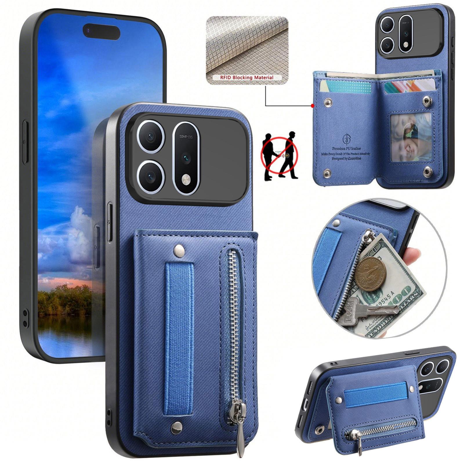 For Honor Win Turbo 5G Twill Fabric Vegan Leather Wristband Horizontal Flip Zipper Wallet Phone Case(Blue) - Shopkiz.com