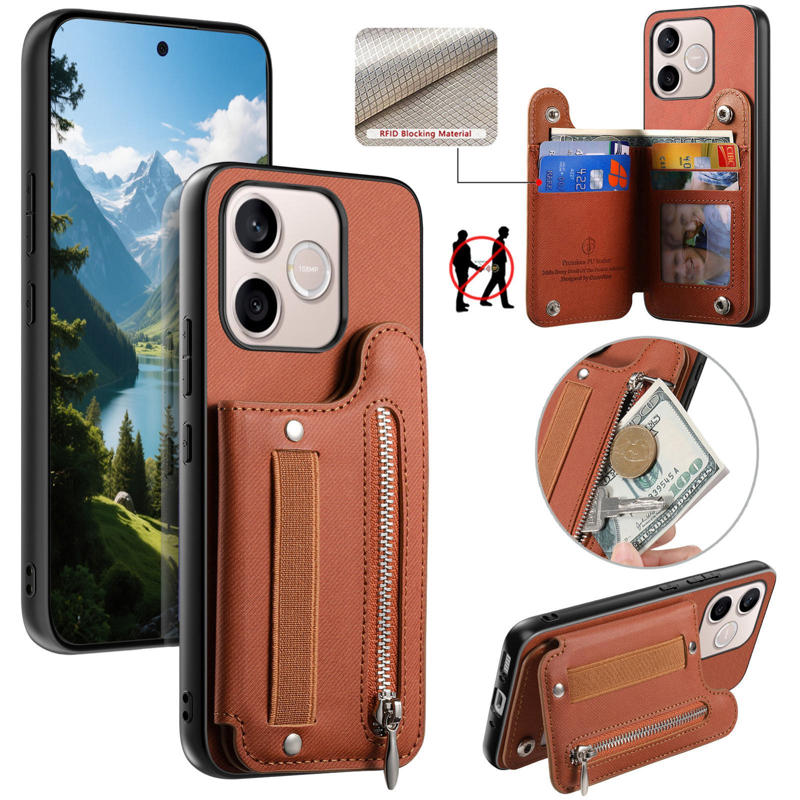 For Honor 600 Lite Global Twill Fabric Vegan Leather Wristband Horizontal Flip Zipper Wallet Phone Case(Brown) - Shopkiz.com